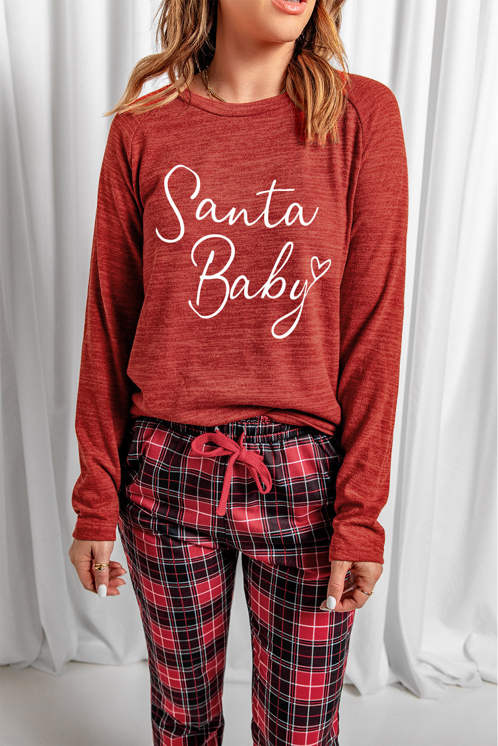Fiery Red Santa Baby Plaid Print Two Piece Pajama Set