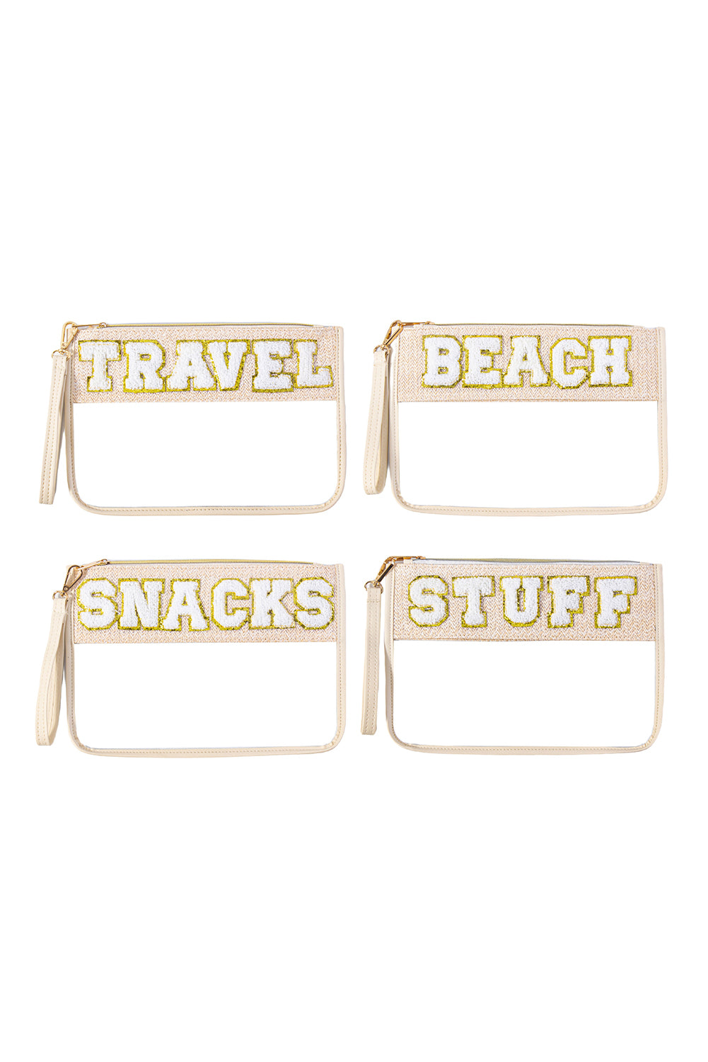 Beige TRAVEL Chenille Embroidered Clear PVC Storage Bag