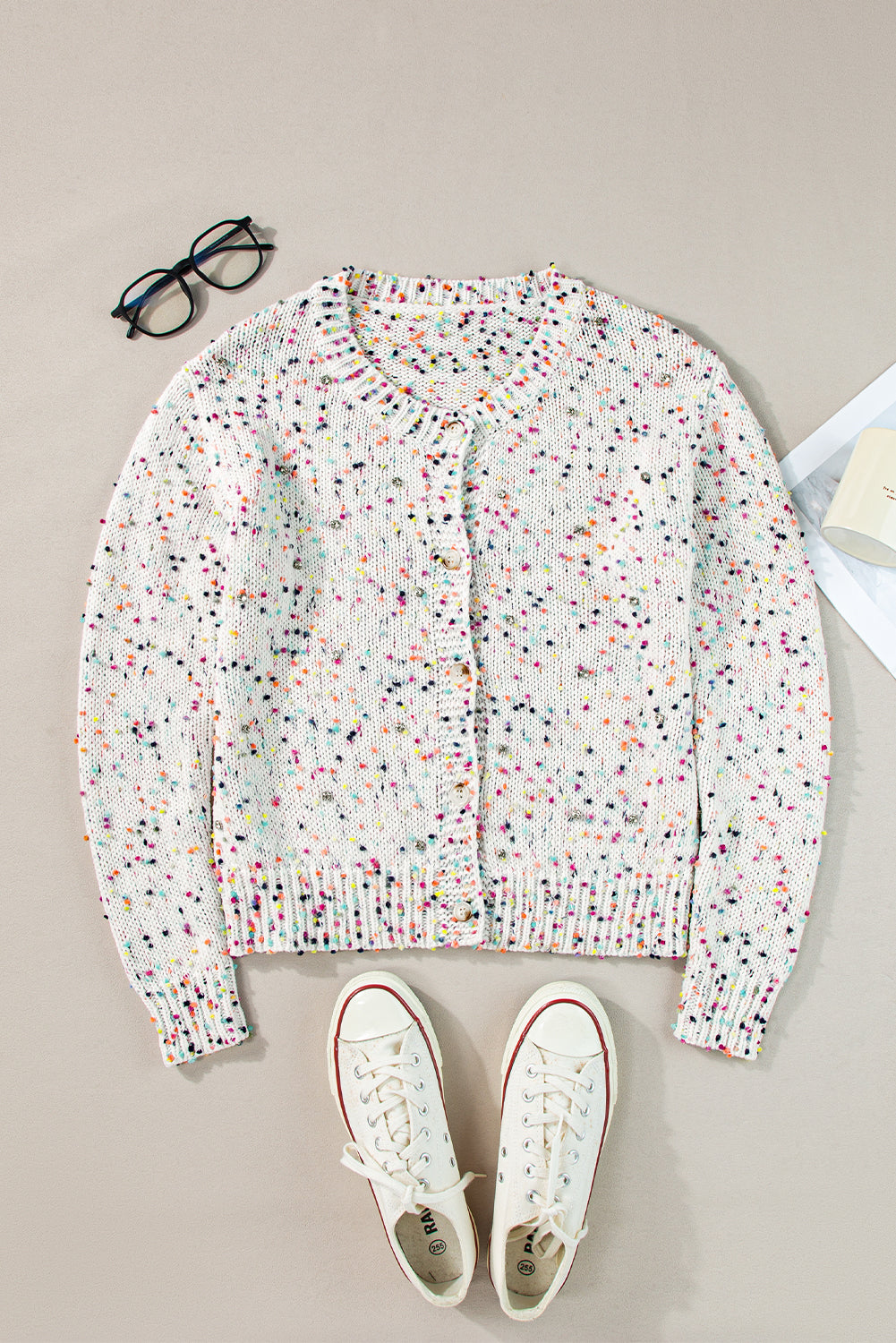 White Rhinestone Decor Multicolor Confetti Sweater Cardigan