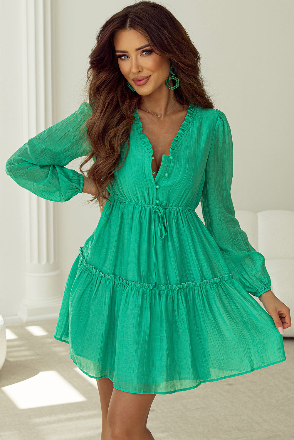 Sea Green Frilly V Neck Puff Sleeve Drawstring Shift Mini Dress Trendy Doll Sea Green Frilly V Neck Puff Sleeve Drawstring Shift Mini Dress Trendy Doll