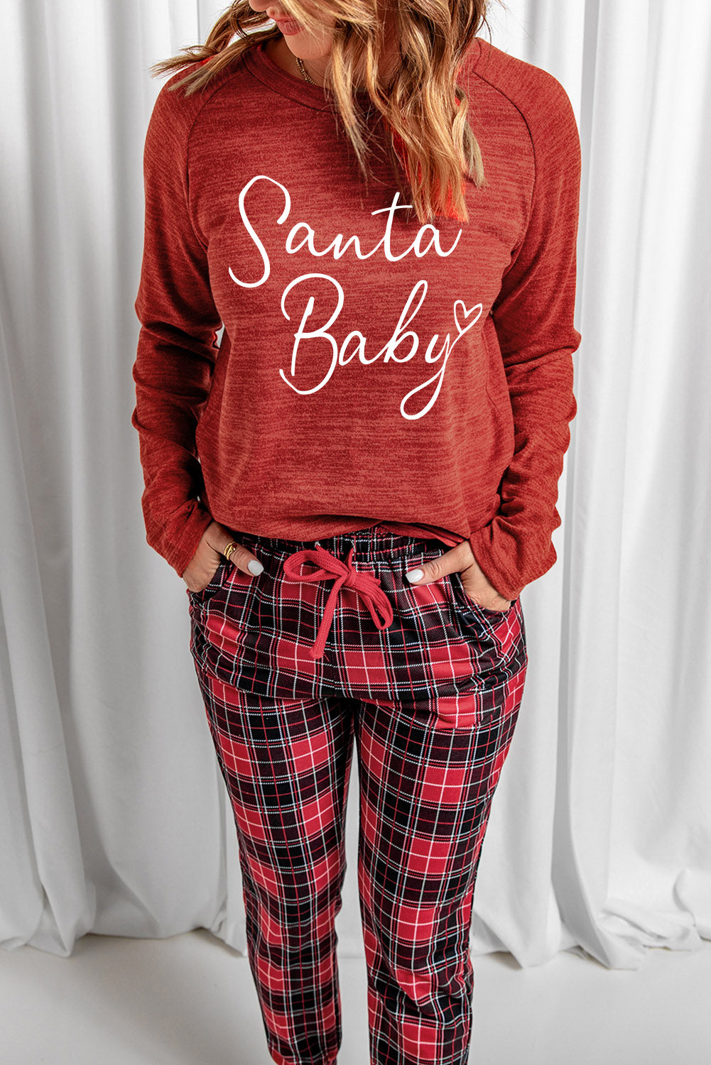 Fiery Red Santa Baby Plaid Print Two Piece Pajama Set