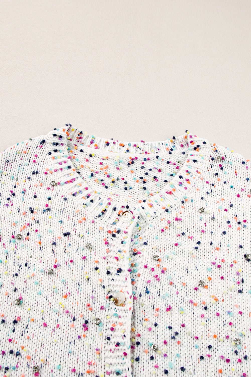 White Rhinestone Decor Multicolor Confetti Sweater Cardigan