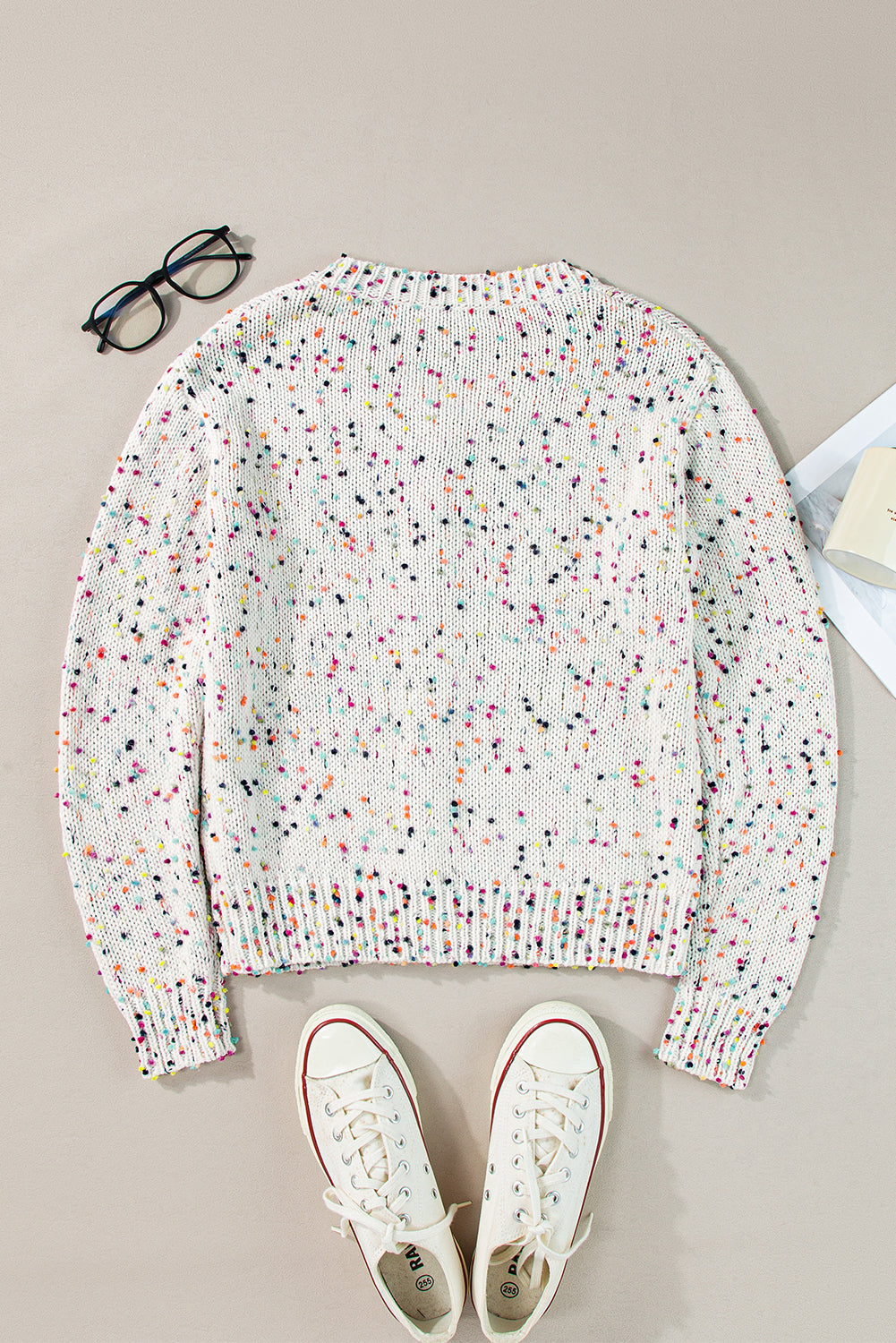 White Rhinestone Decor Multicolor Confetti Sweater Cardigan