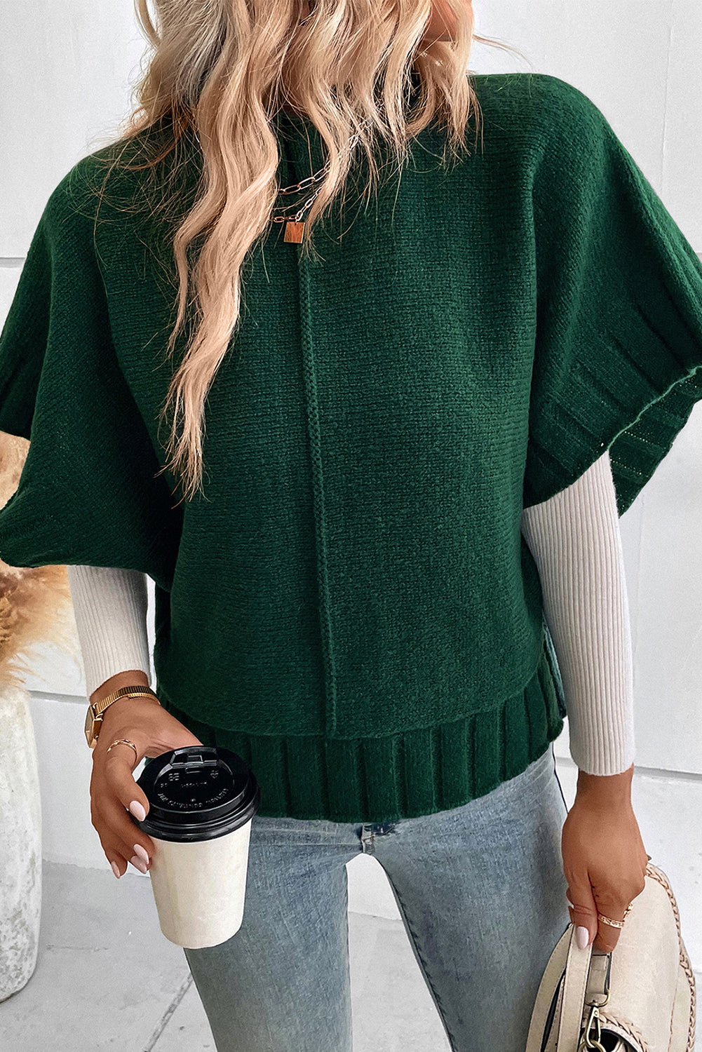 Blackish Green Mock Neck Batwing Short Sleeve Knit Sweater