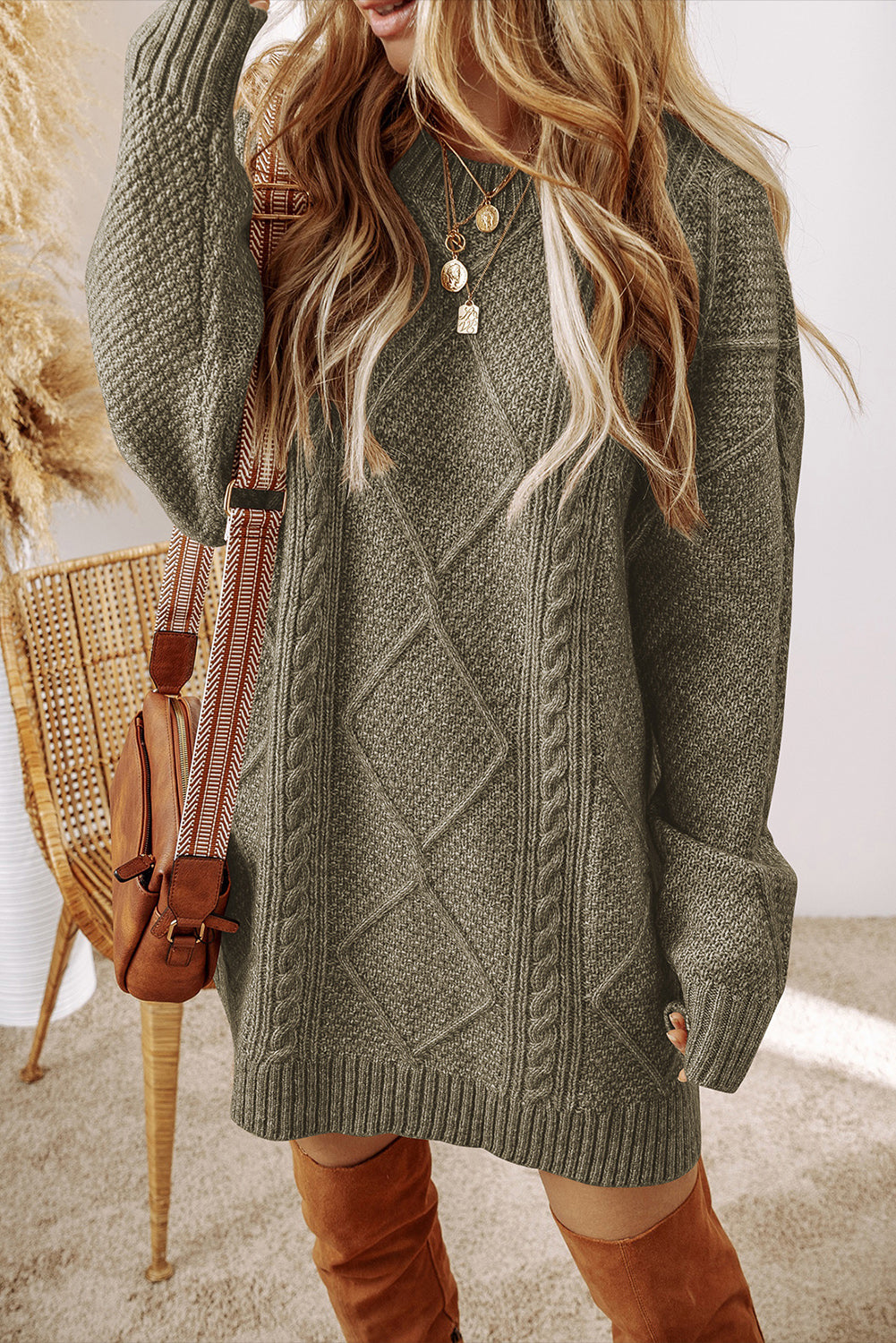 Mist Green Cable Knit Drop Shoulder Loose Fit Sweater Dress Trendy Doll Mist Green Cable Knit Drop Shoulder Loose Fit Sweater Dress Trendy Doll