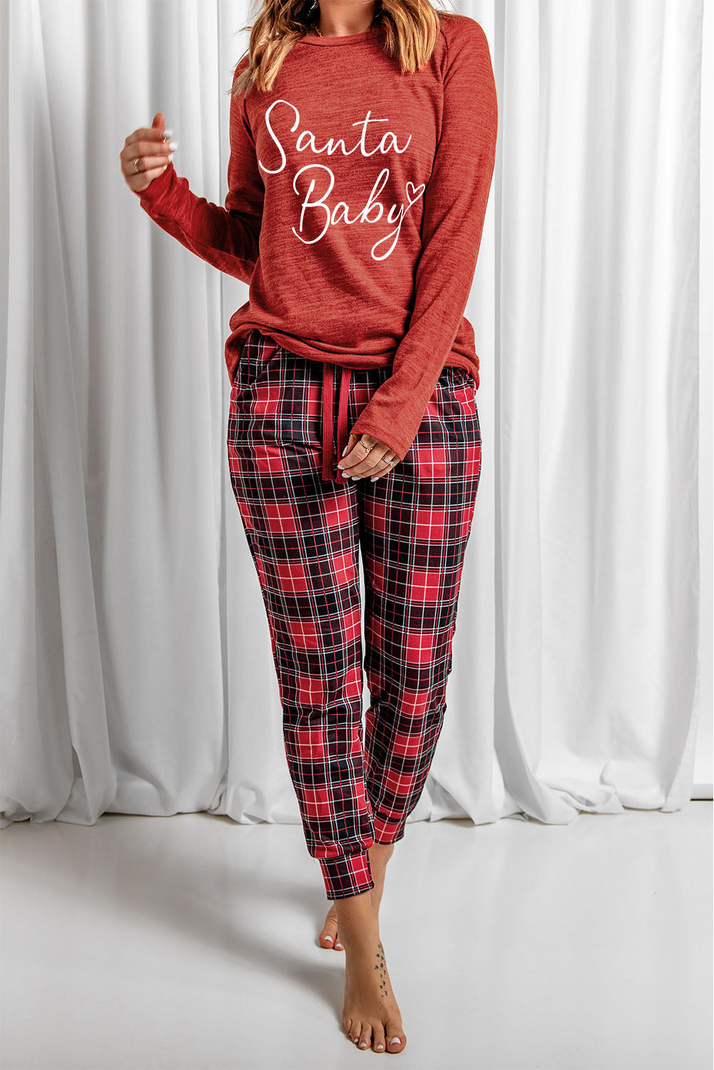 Fiery Red Santa Baby Plaid Print Two Piece Pajama Set