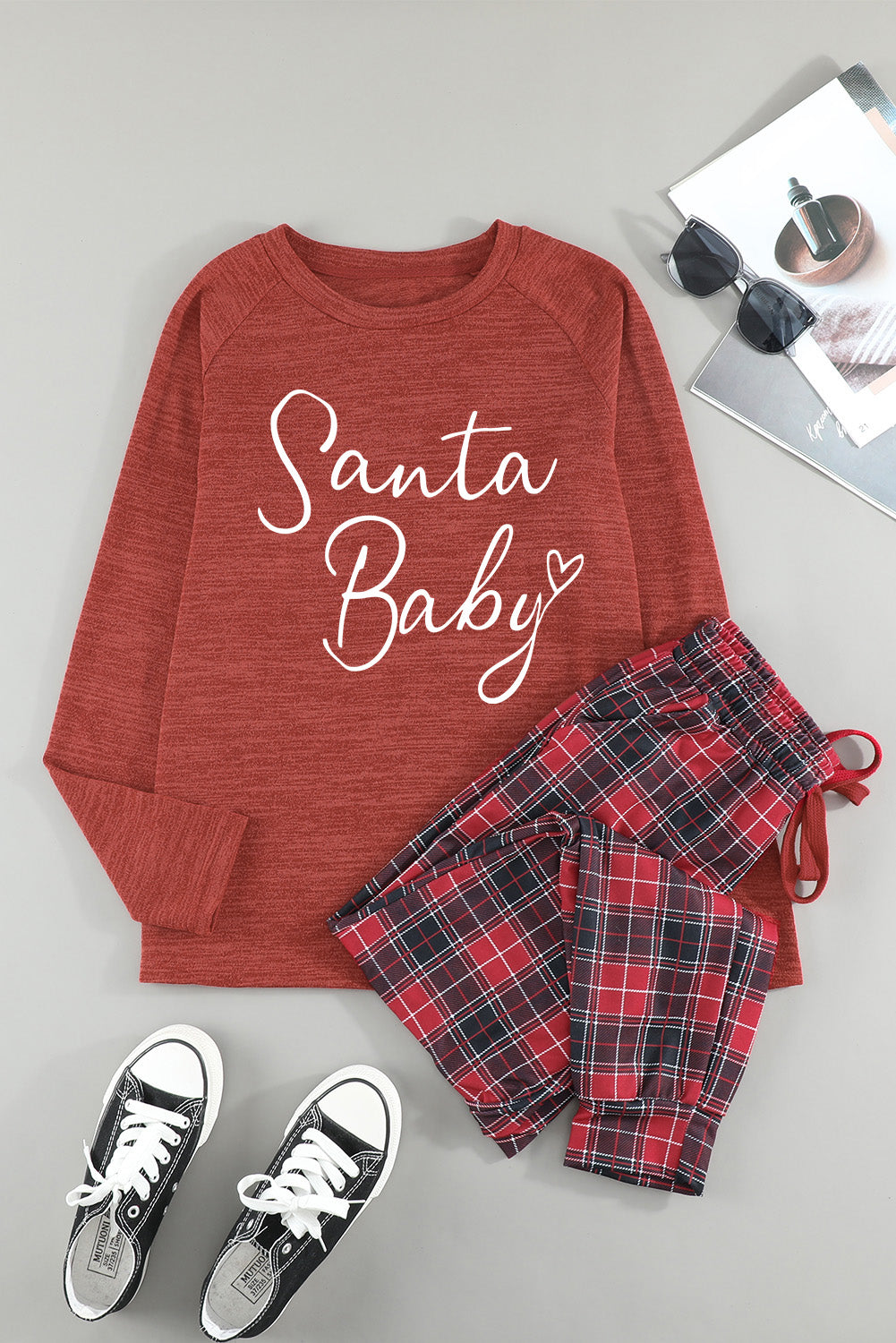 Fiery Red Santa Baby Plaid Print Two Piece Pajama Set