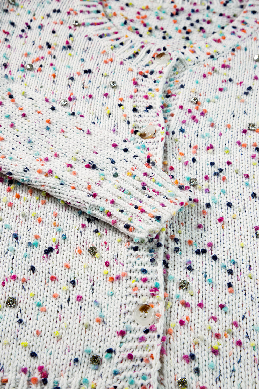 White Rhinestone Decor Multicolor Confetti Sweater Cardigan