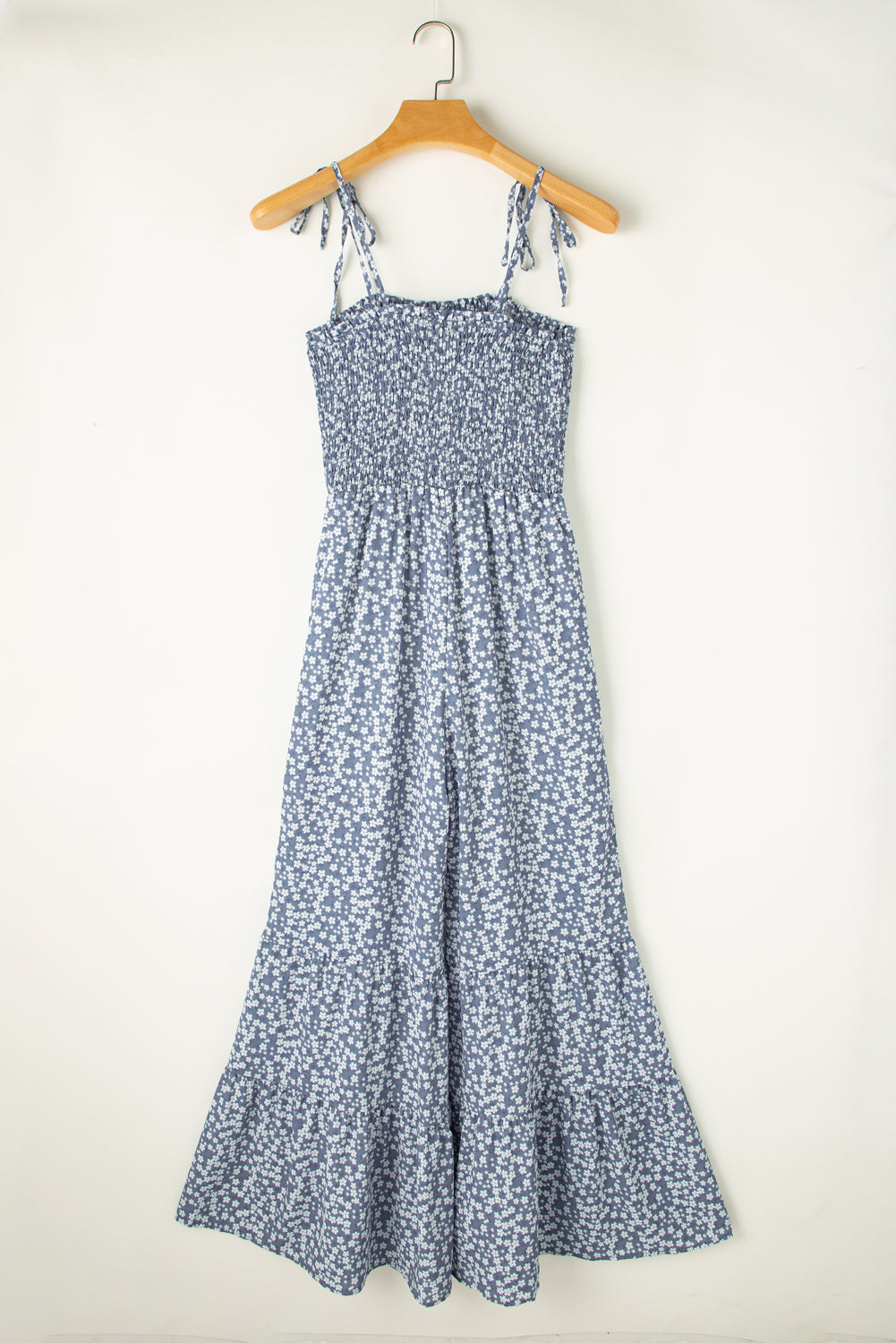 Dusk Blue Thin Straps Smocked Bodice Wide Leg Floral Jumpsuit