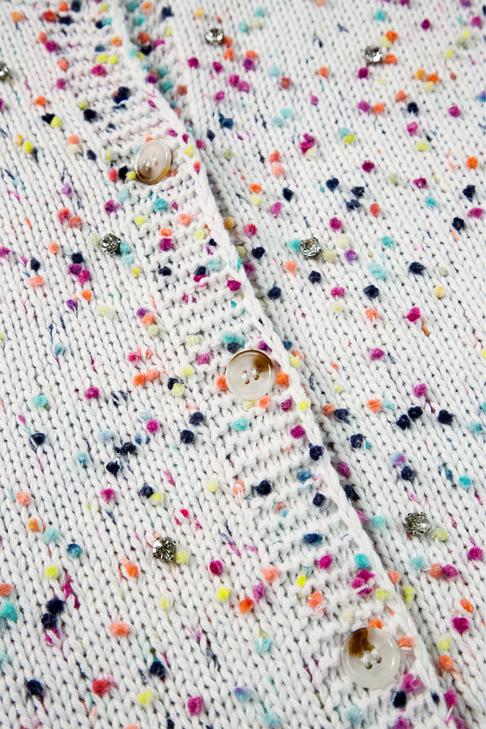 White Rhinestone Decor Multicolor Confetti Sweater Cardigan