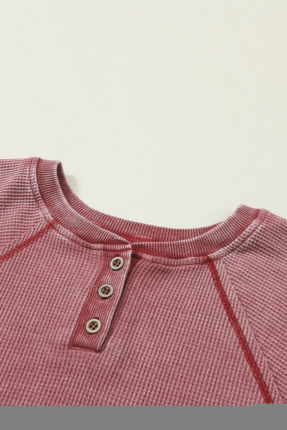 Fiery Red Waffle Knit Raglan Sleeve Henley Sweatshirt