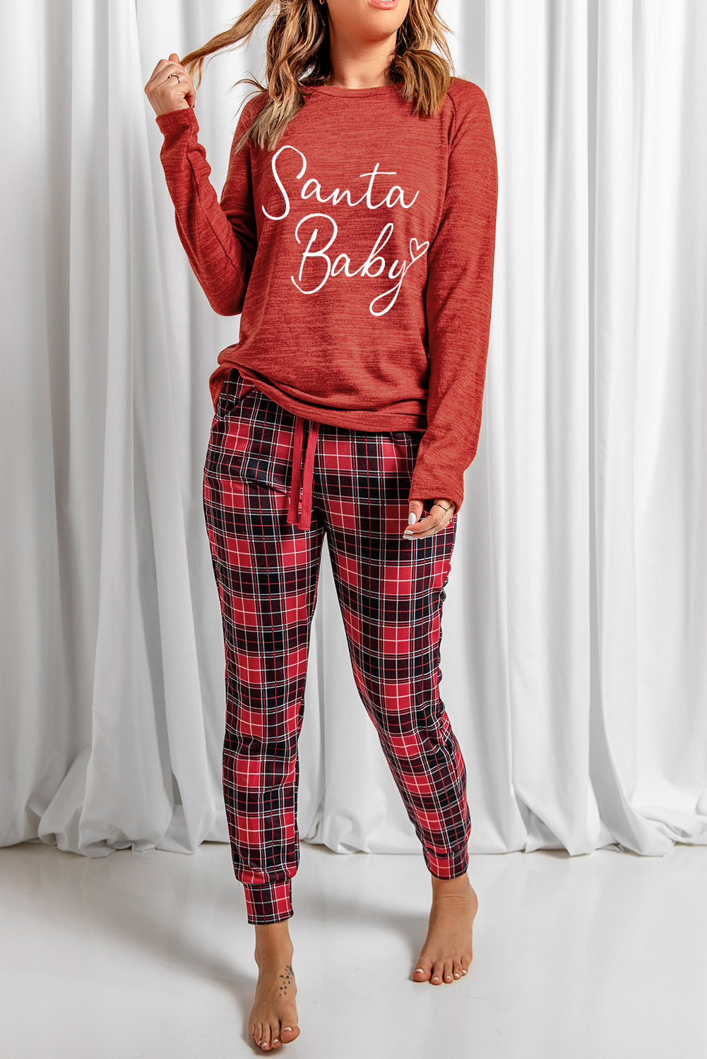 Fiery Red Santa Baby Plaid Print Two Piece Pajama Set
