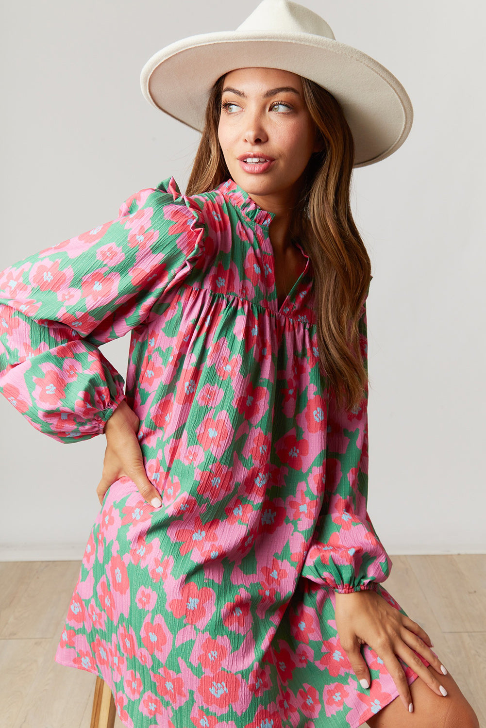 Pink Split V Neck Bubble Sleeve Loose Floral Dress