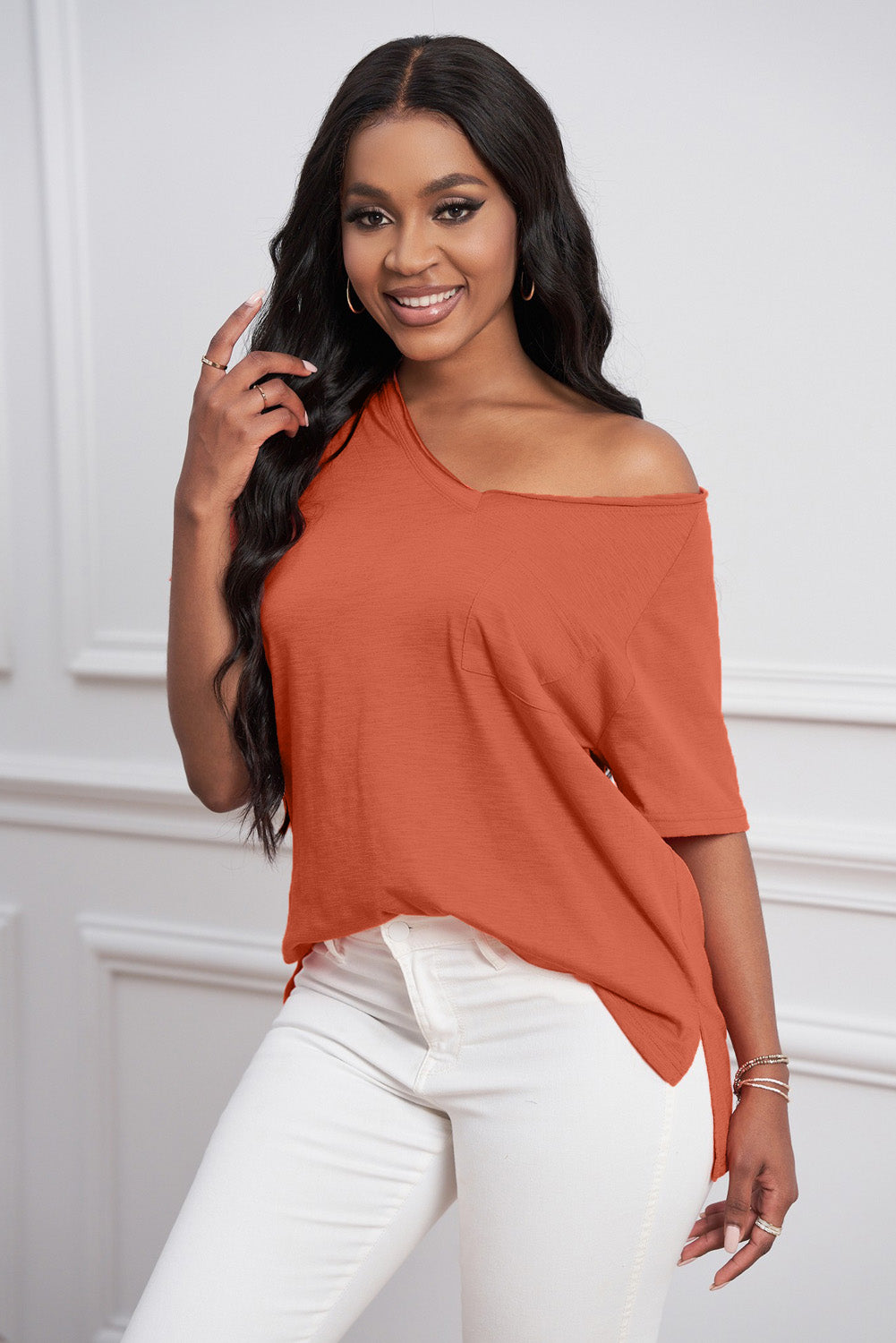 Orange V Neck Short Sleeves Cotton Blend Tee with Front Pocket and Side Slits