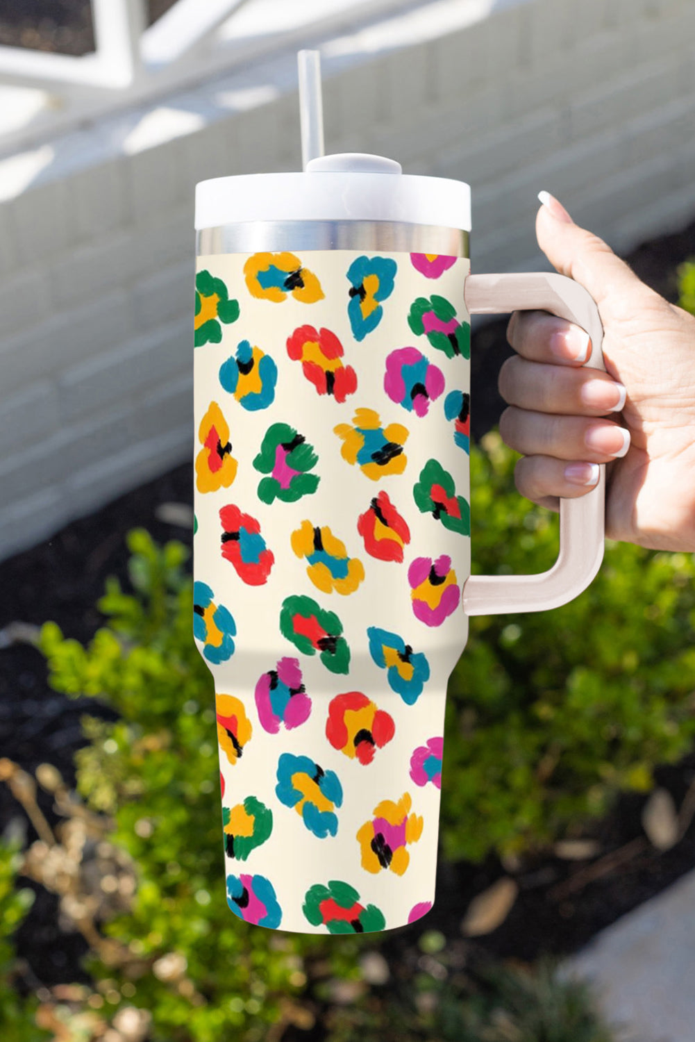 White Multi Color Leopard Print Handle Stainless Tumbler 40oz