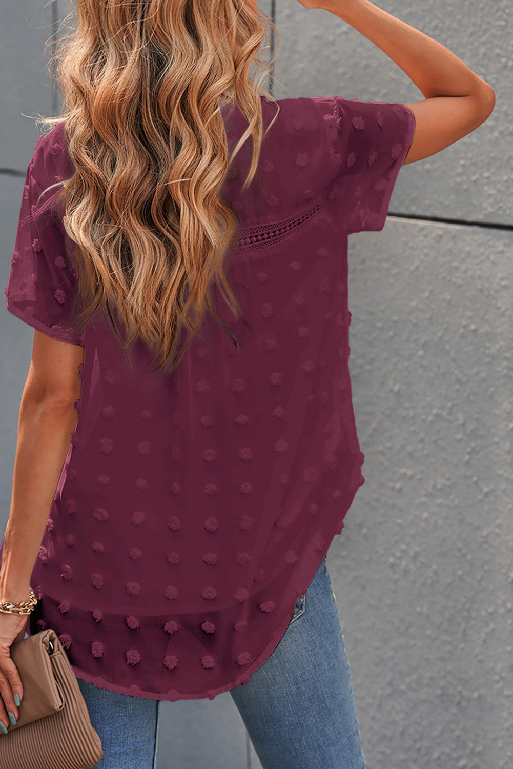 Burgundy Swiss Dot Short Sleeve Flowy Top