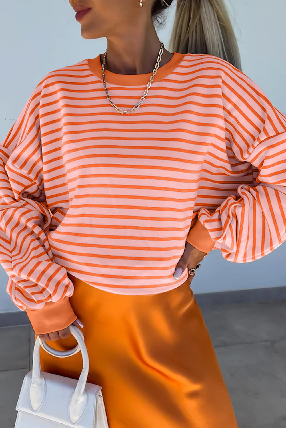 Russet Orange Drop Shoulder Crew Neck Loose Sweatshirt