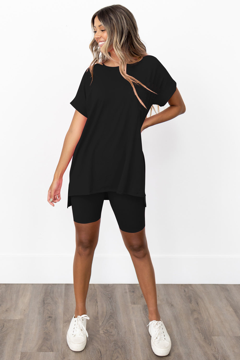 Black Solid Split Hem Tunic Tee and Tight Shorts Set