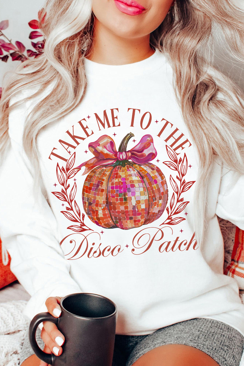 Beige Halloween Disco Ball Pumpkin Print Pullover Sweatshirt