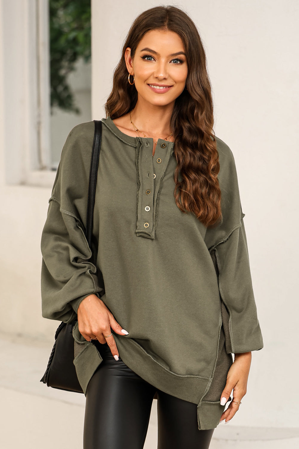 Green Oversized Exposed Seam Henley Sweatshirt