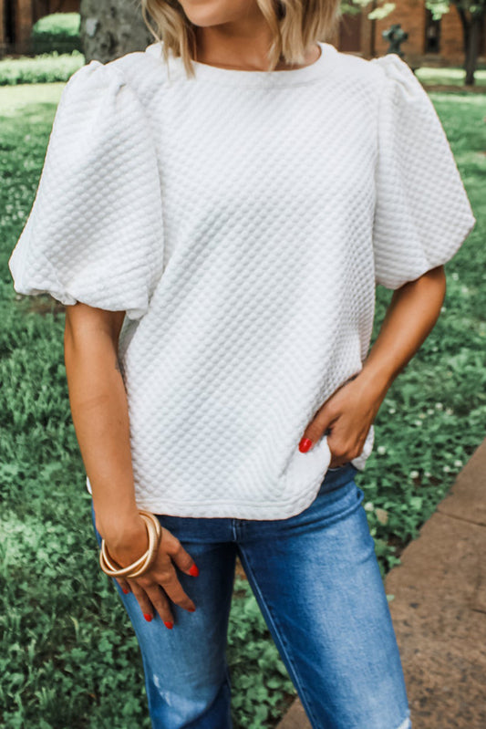 White Solid Textured O Neck Puff Sleeve Blouse