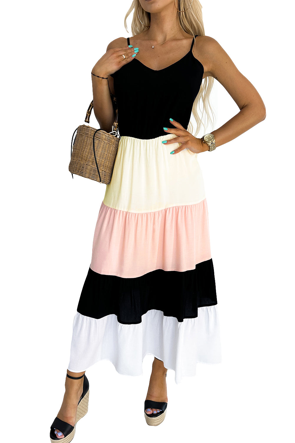 Black Color Block Sleeveless V Neck Long Dress