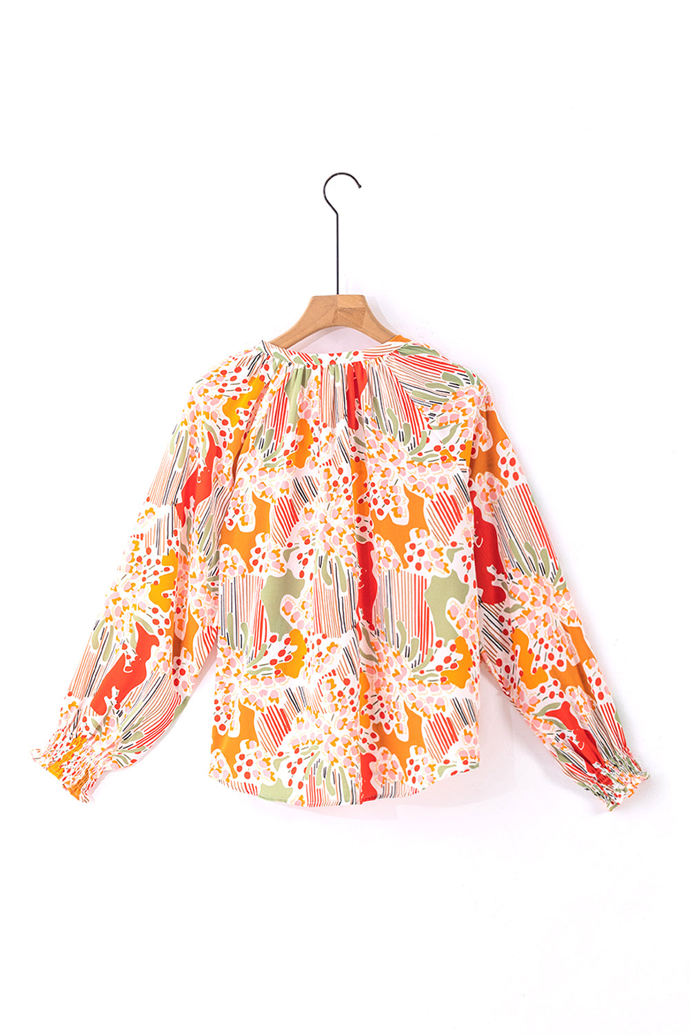 Orange Printed Boho Print V Neck Ruched Bishop Sleeve Blouse