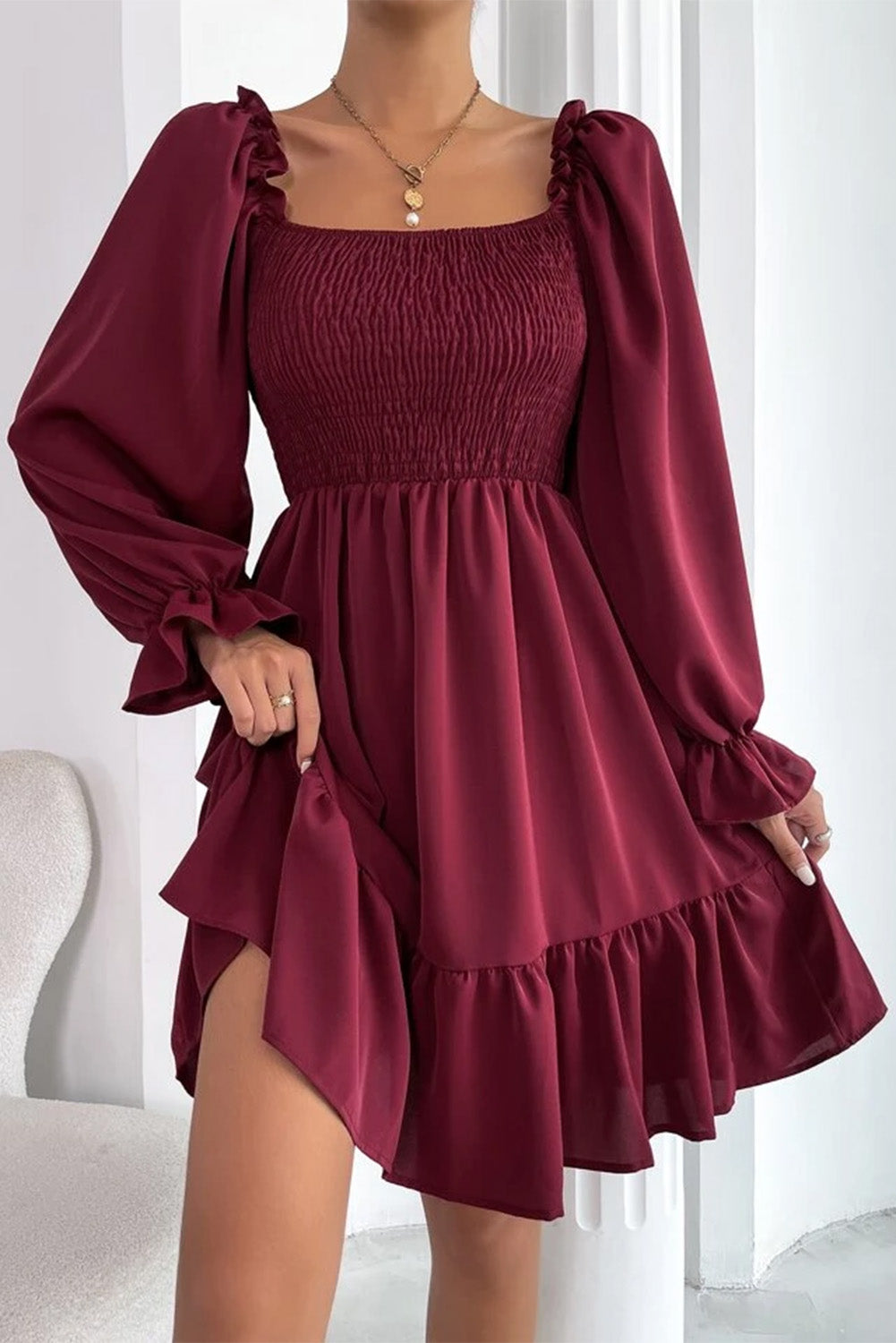 Burgundy Smocked Puff Sleeve Ruffle Mini Dress