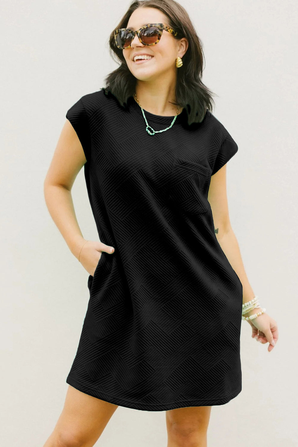 Black Textured Cap Sleeve T Shirt Dress