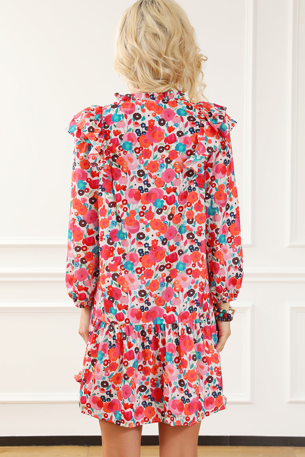 Multicolour Ruffle Split Neck Floral Long Sleeve Dress