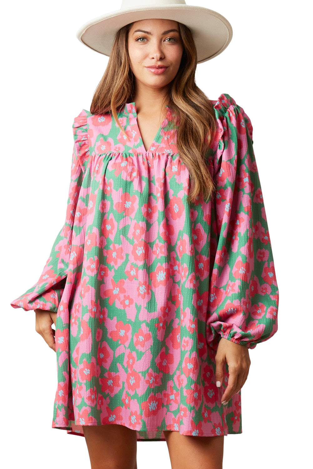 Pink Split V Neck Bubble Sleeve Loose Floral Dress