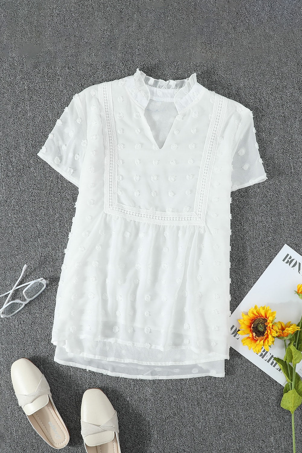 White Swiss Dot Short Sleeve Flowy Top