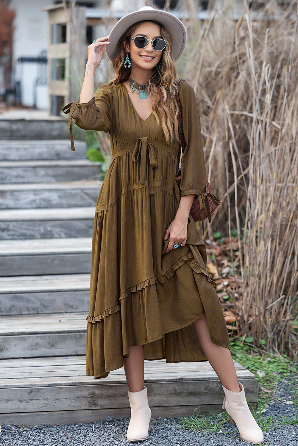 Green Tie Puff Sleeve Empire Waist Flared Dress