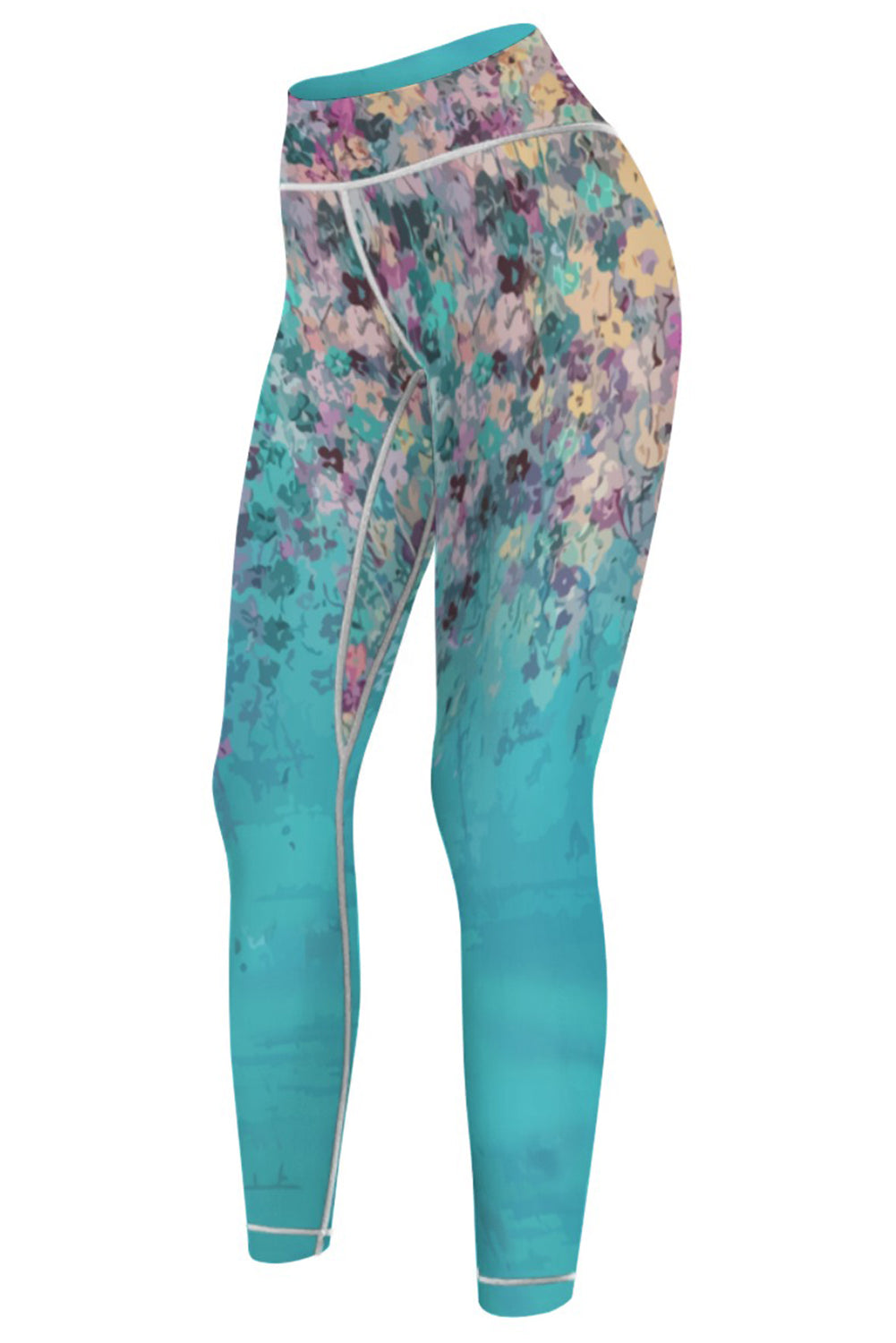 Sky Blue Contrast Trim Abstract Floral Yoga Pants