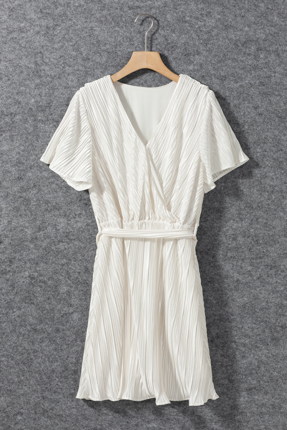 White Flutter Sleeve Wrapped Pleated Sashed Short Dress