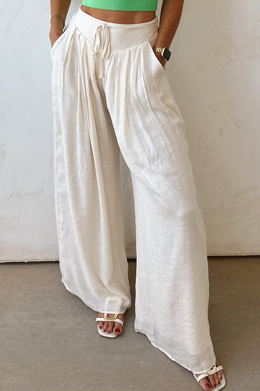 White Casual Tie Waist Pleated Wide Leg Pants