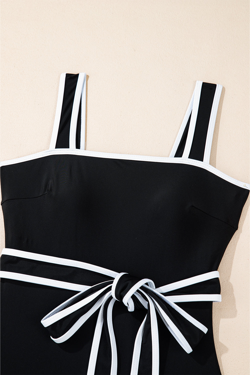 Black Colorblock Edge Belted One Piece Swimsuit