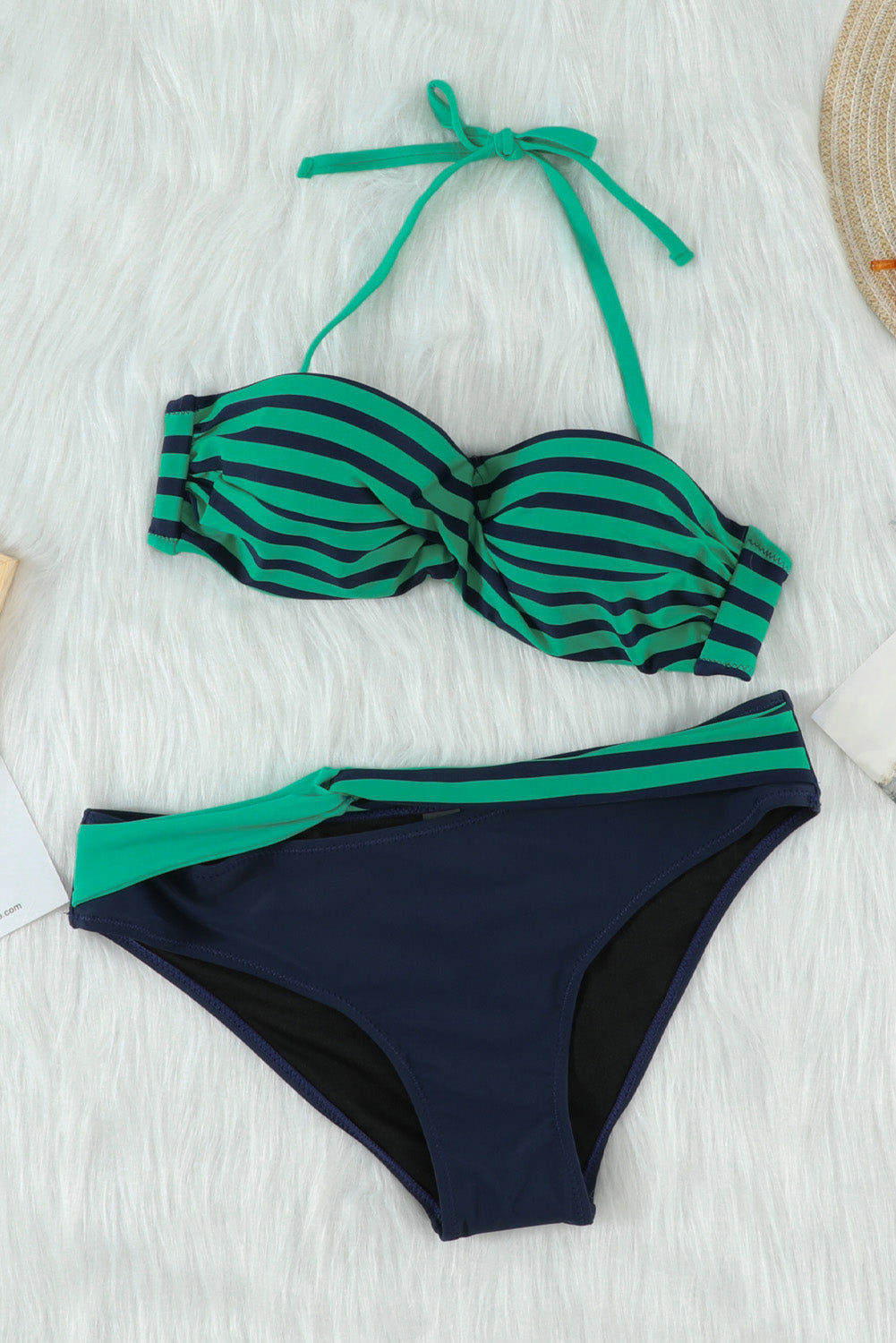 Green Halter Bandeau Striped Bikini