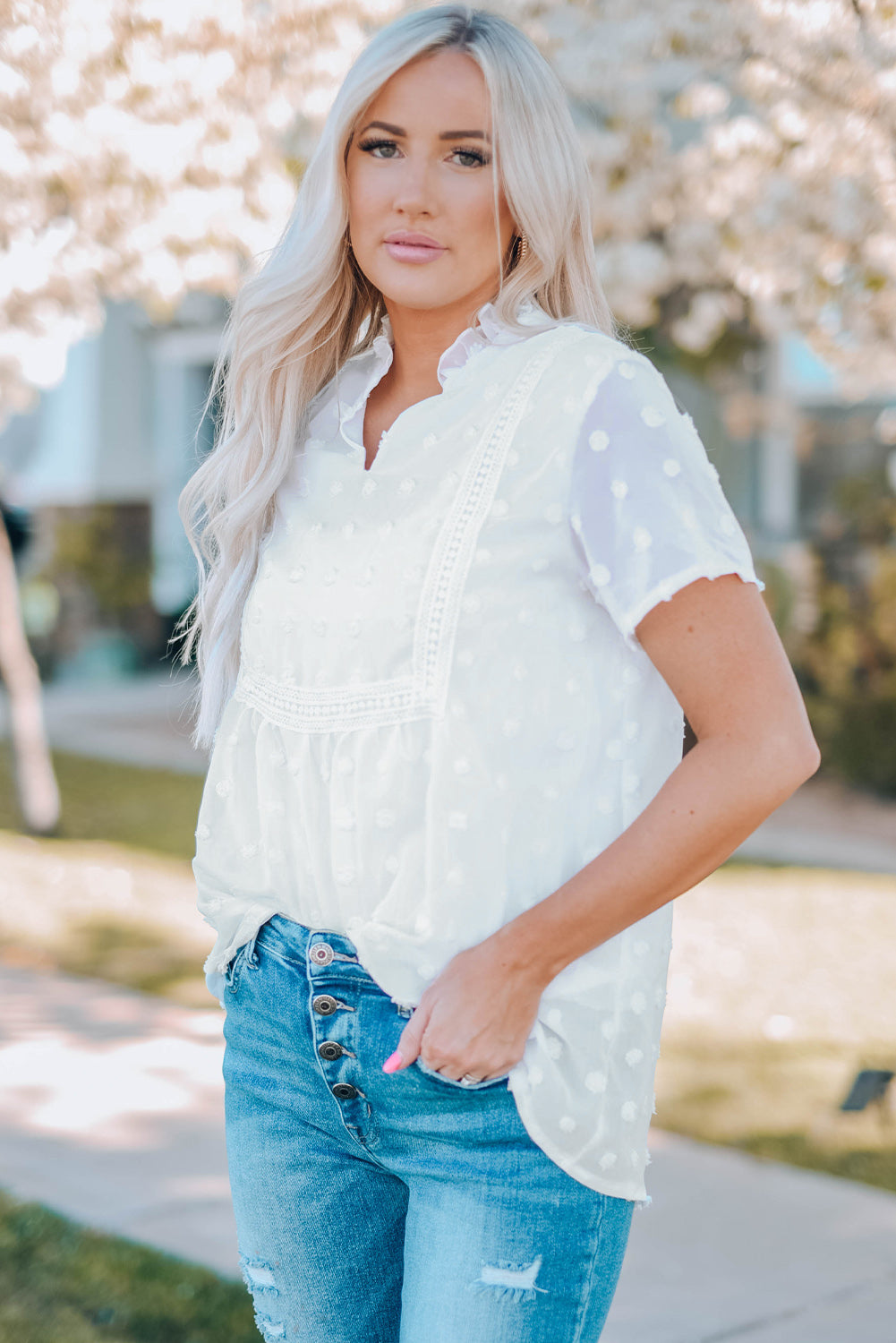 White Swiss Dot Short Sleeve Flowy Top