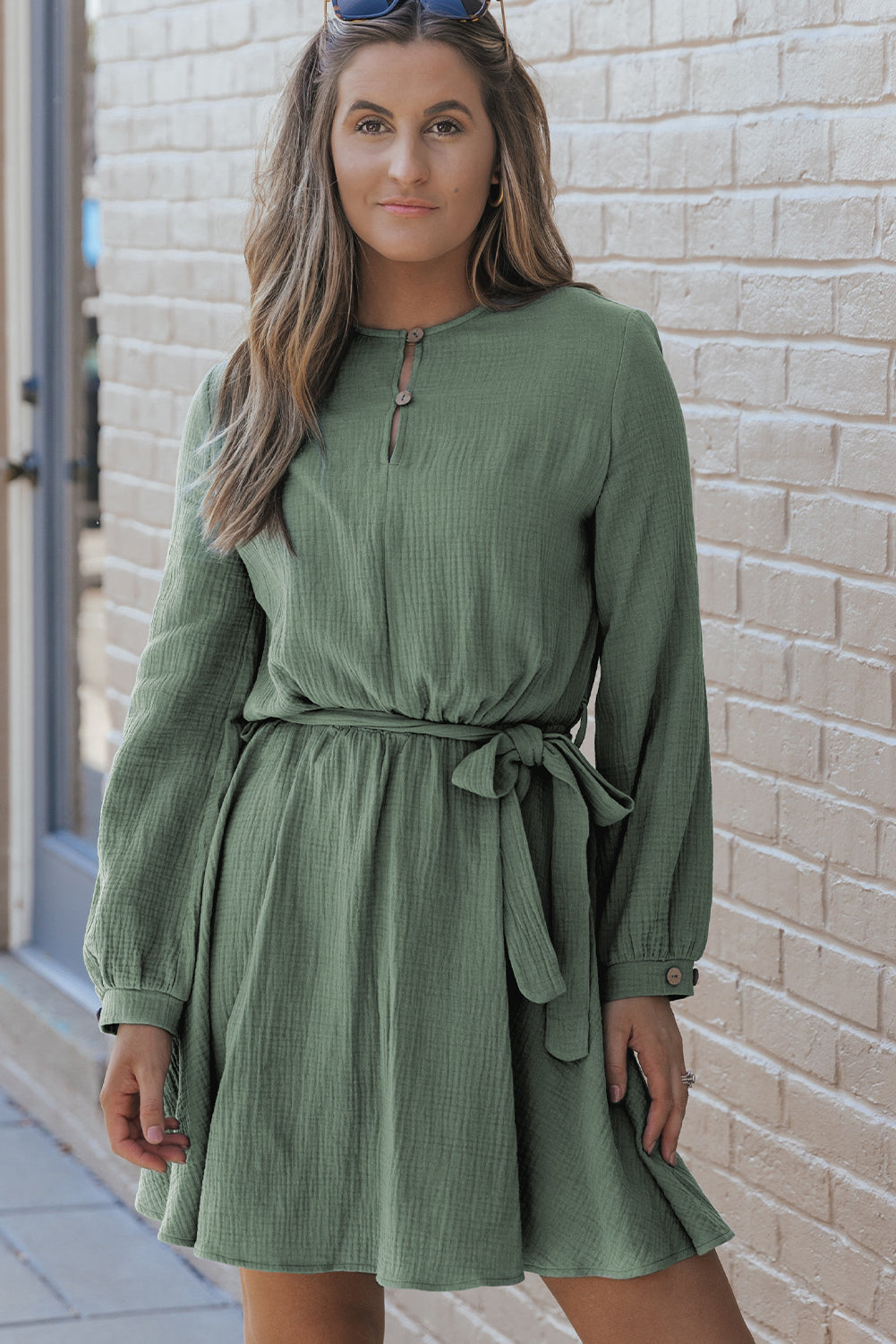 Pickle Green Button Neck Puff Sleeve Belted Pleated Mini Dress