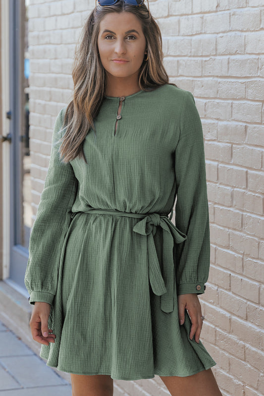 Pickle Green Button Neck Puff Sleeve Belted Pleated Mini Dress