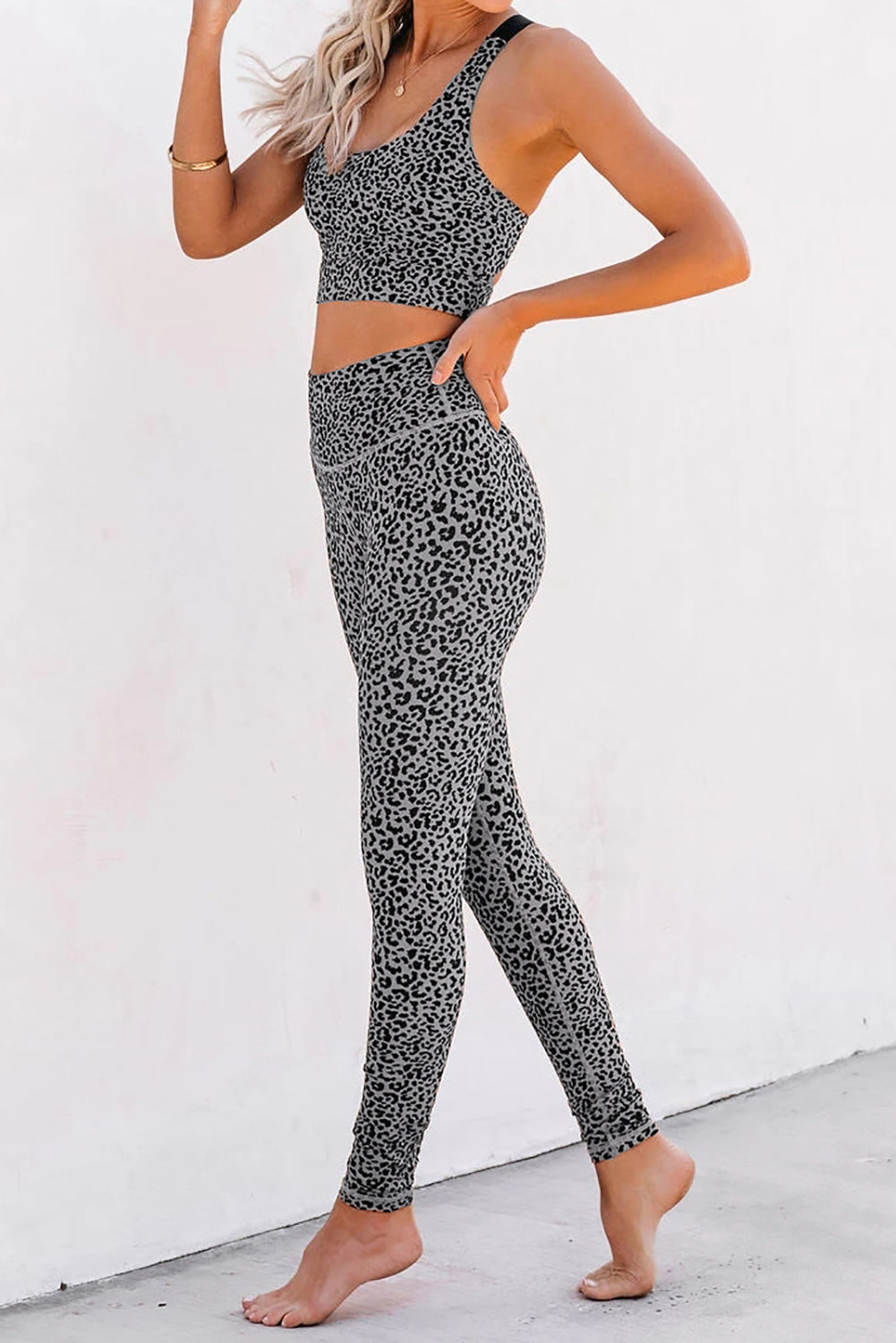 Gray Cheetah Print Sport Bra Pants Set