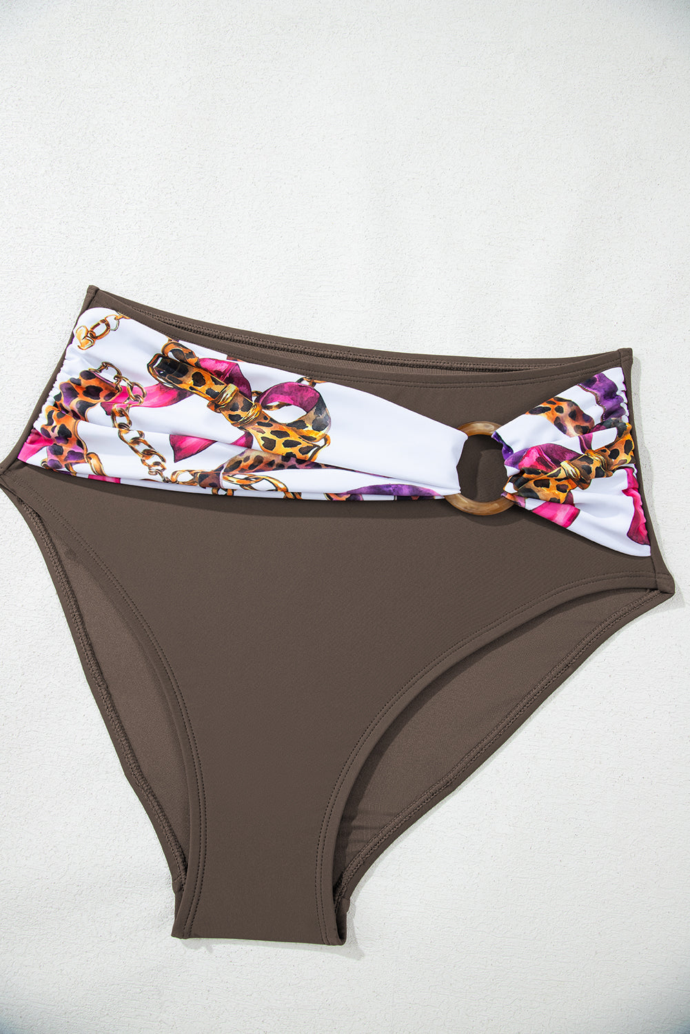 Khaki Abstract Print One Shoulder Ring Linked High Waist Bikini