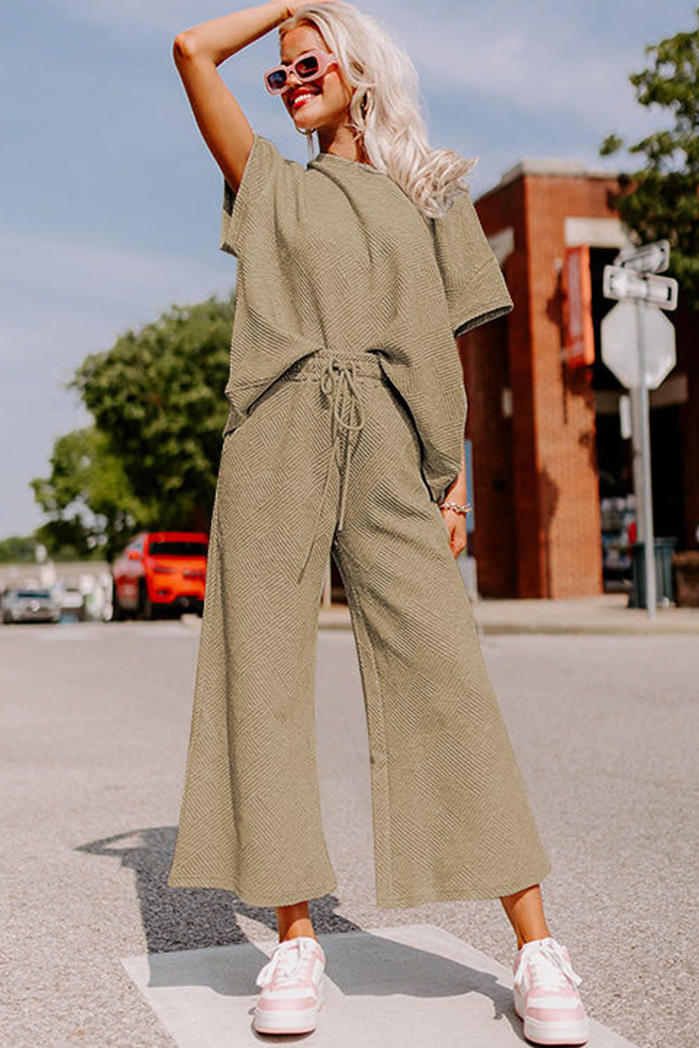 Pale Khaki Textured Loose Fit T Shirt and Drawstring Pants Set