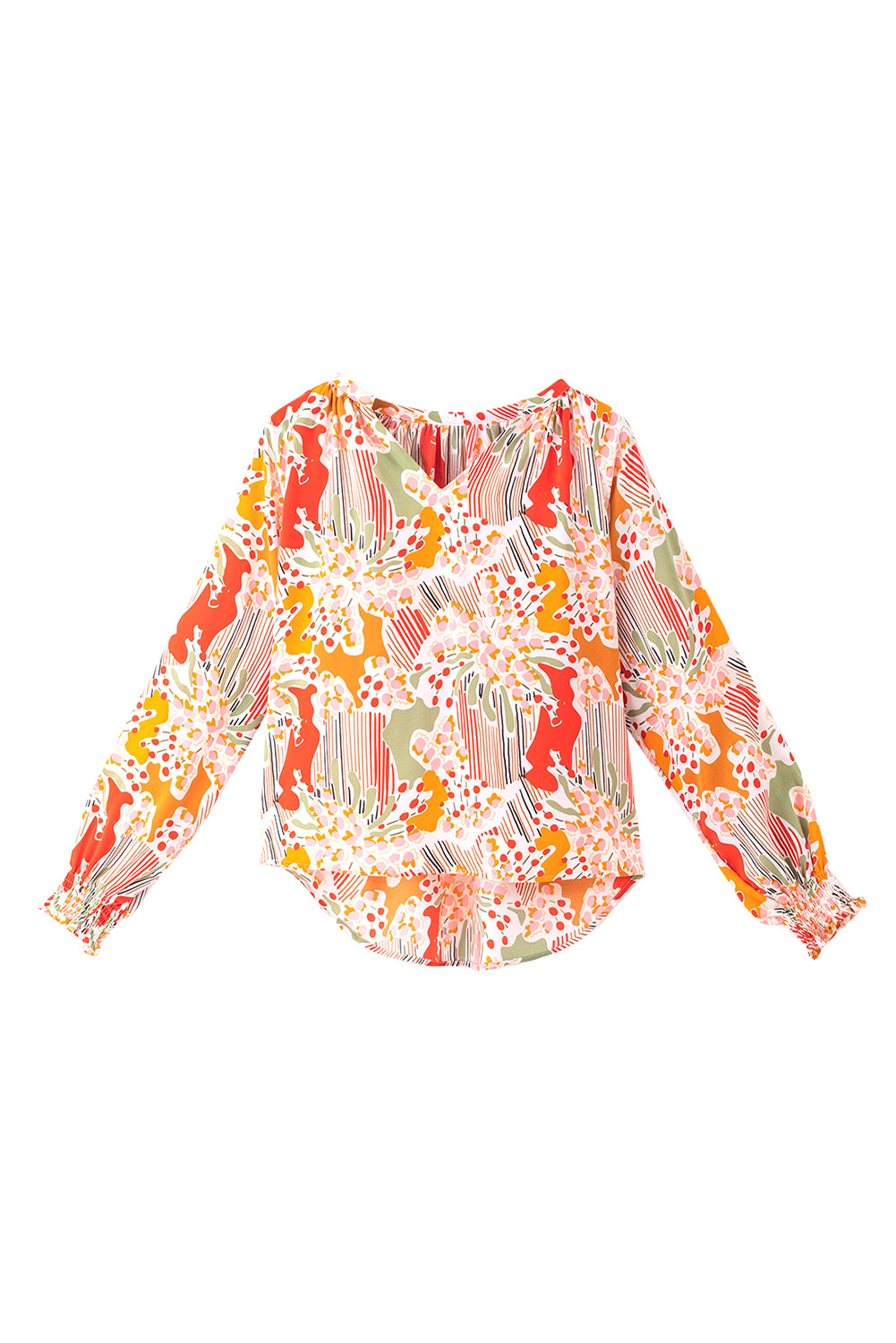 Orange Printed Boho Print V Neck Ruched Bishop Sleeve Blouse