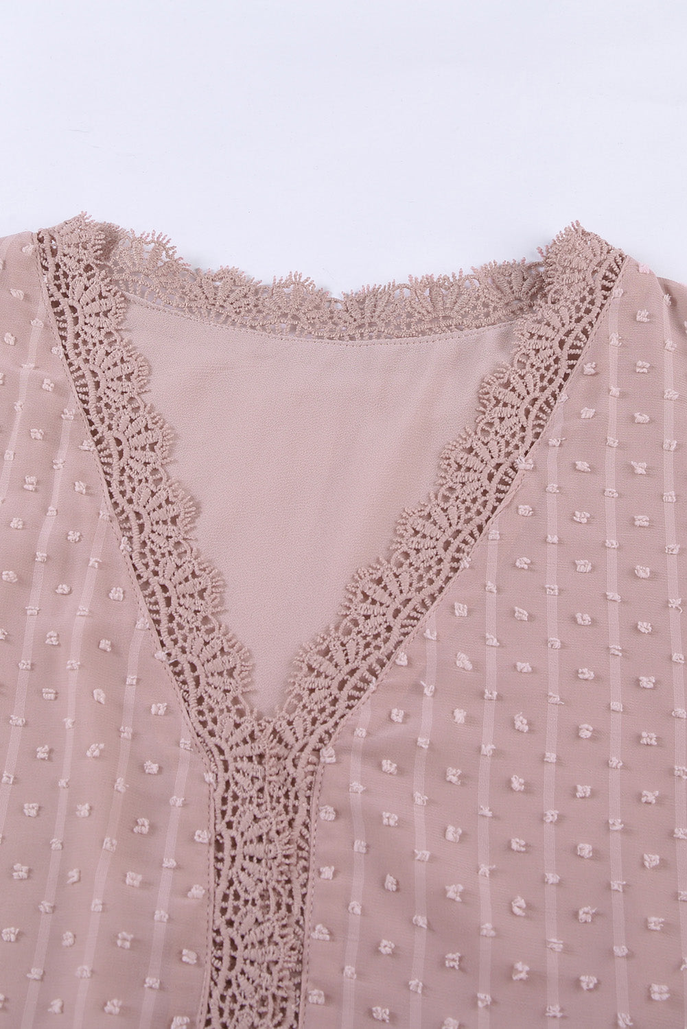 Pink Lace Splicing V-Neck Swiss Dot Short Sleeve Top