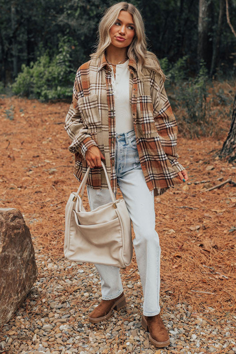 Khaki Plaid Colorblock Patchwork High Low Shacket