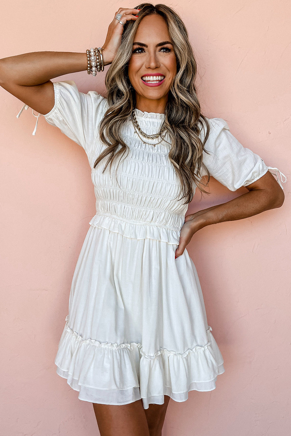 White Tie Short Sleeves Smocked Ruffle Mini Dress