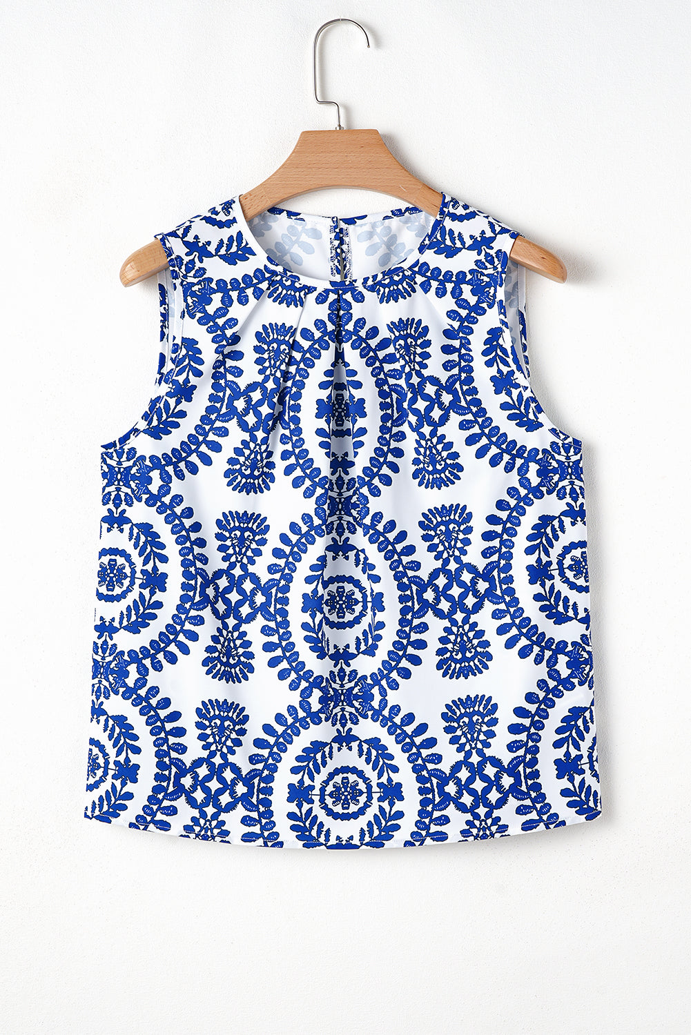 Blue Vintage Print Pintuck Crew Neck Tank Top