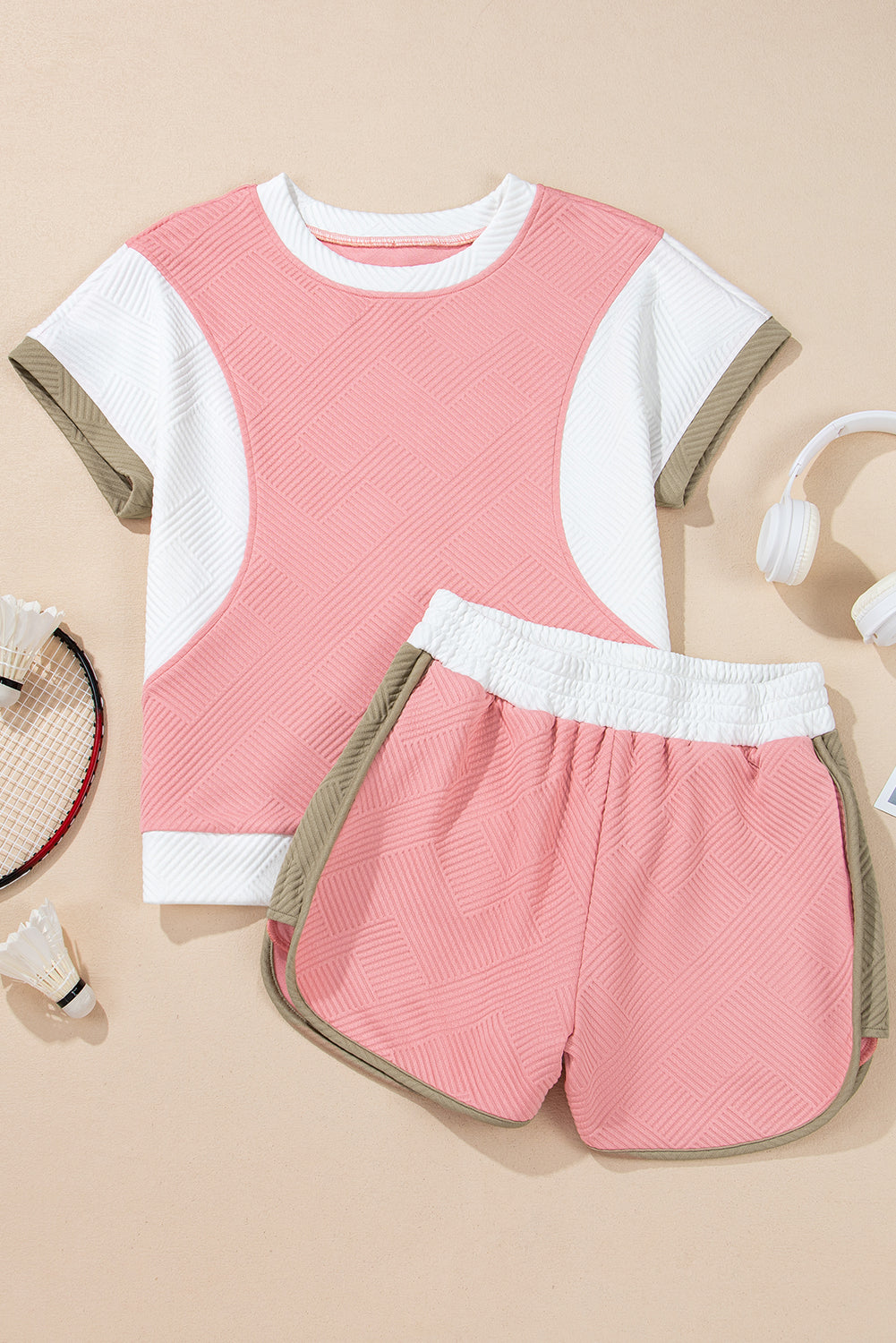 Pink Textured Colorblock Patchwork Tee Two Piece Shorts Set